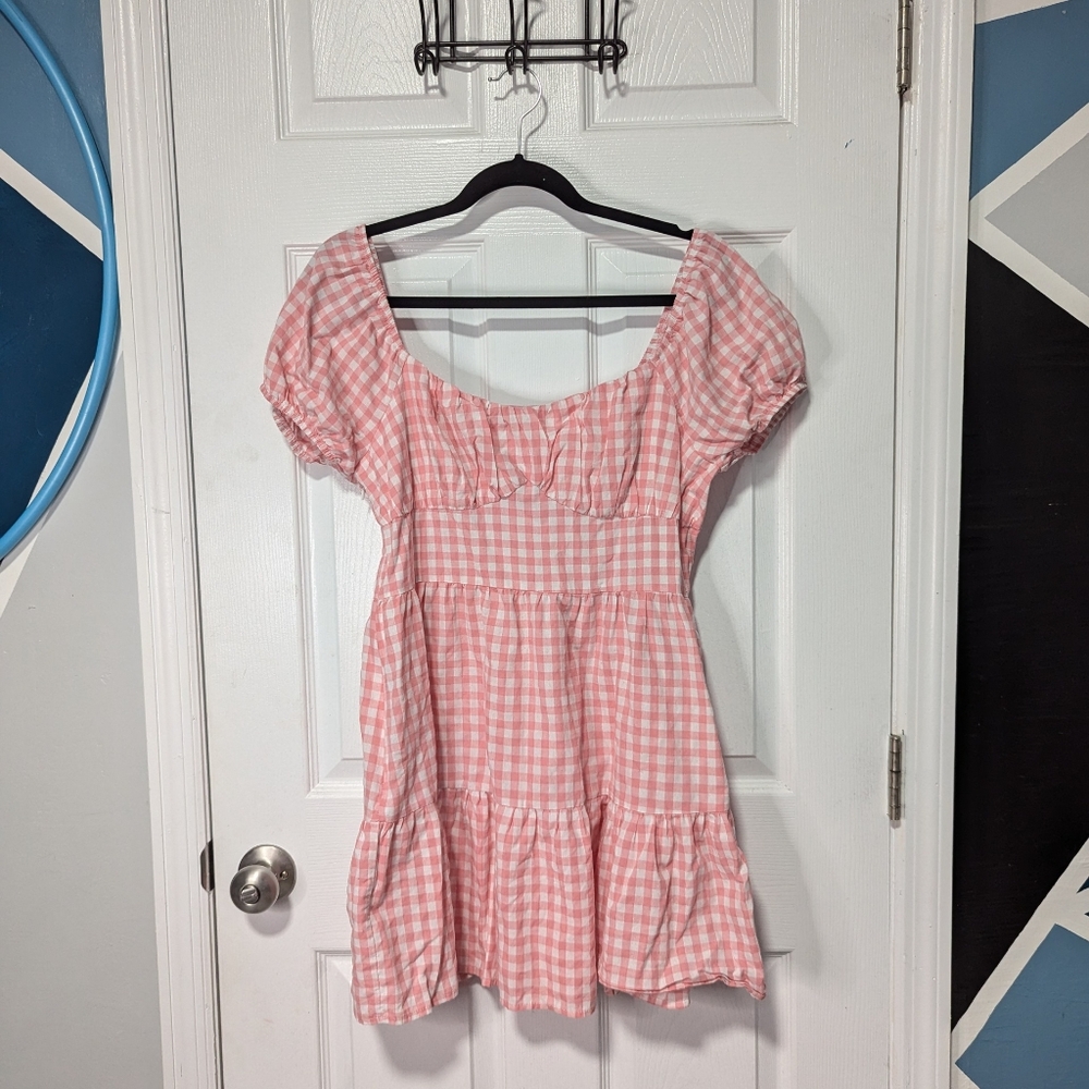 Women's Casual Plaid Mini Dress Scoop Neck Short Puff Sleeve Sundress A-Line Fl